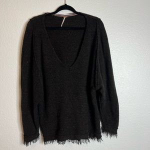 Black Toned Free People Raw Hem V Neck Sweater Wool Linen Blend
